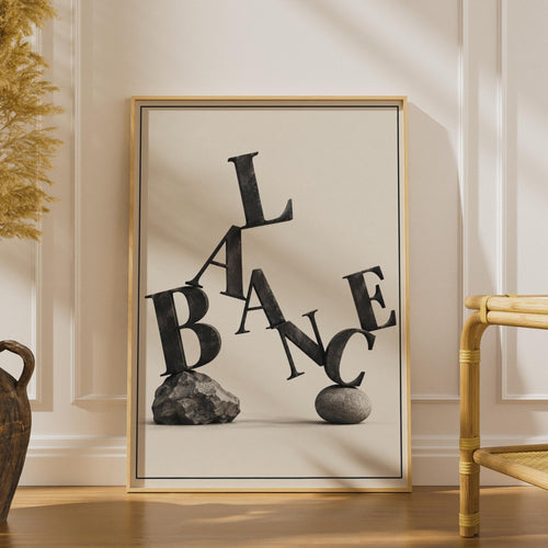 3D Typography Poster, Balance Word Art, Monochrome Stone Wall Decor
