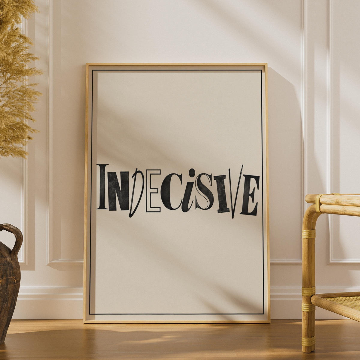 Indecisive Typography Poster, Mixed Font Word Art Print, Black Cream Wall Art (Physical)