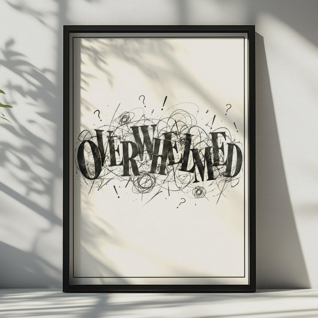 Overwhelmed Typography Poster, Black and White Expressive Wall Art, Chaotic Scribble Print (Physical Poster)