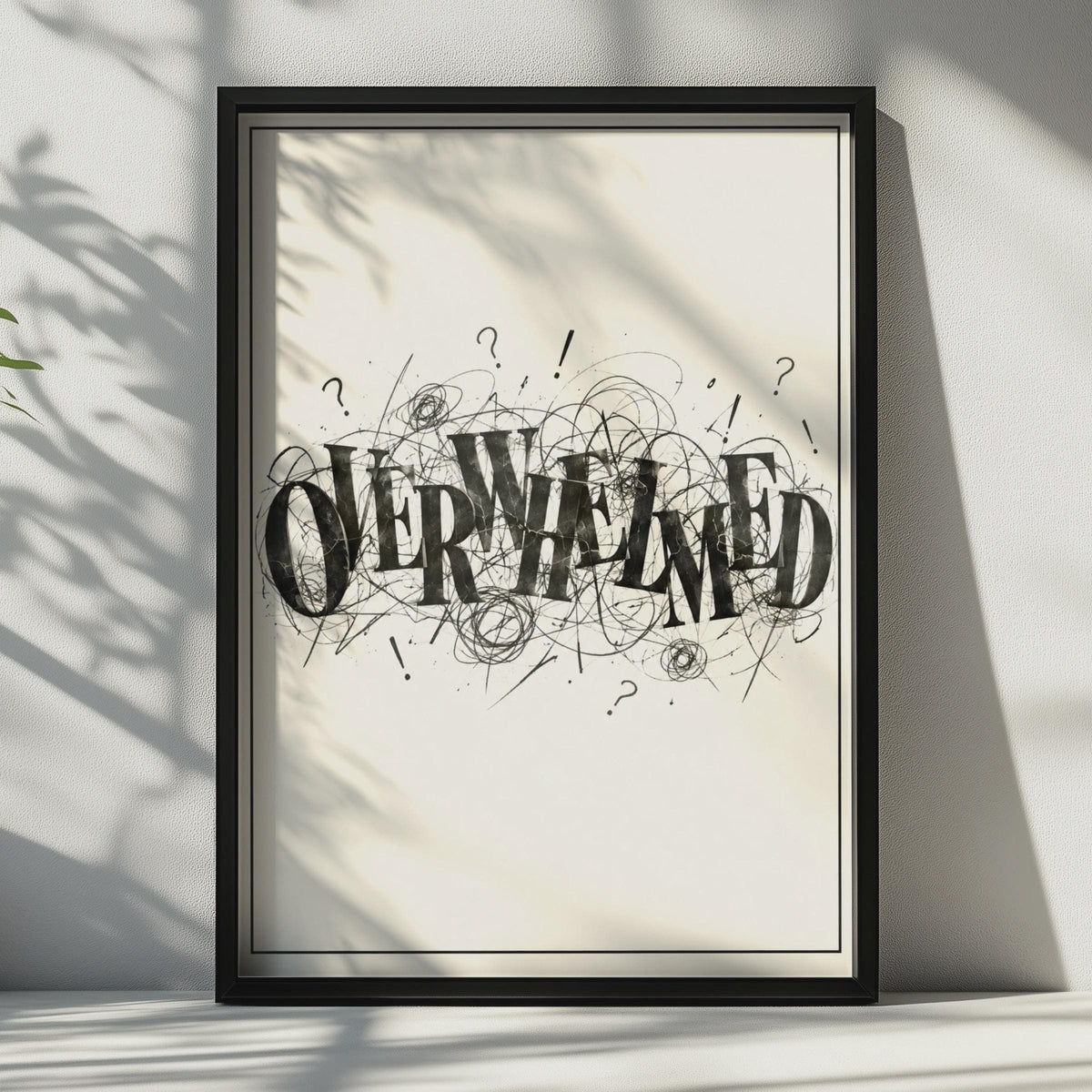 Overwhelmed Typography Poster, Black and White Expressive Wall Art, Chaotic Scribble Print (Physical Poster)