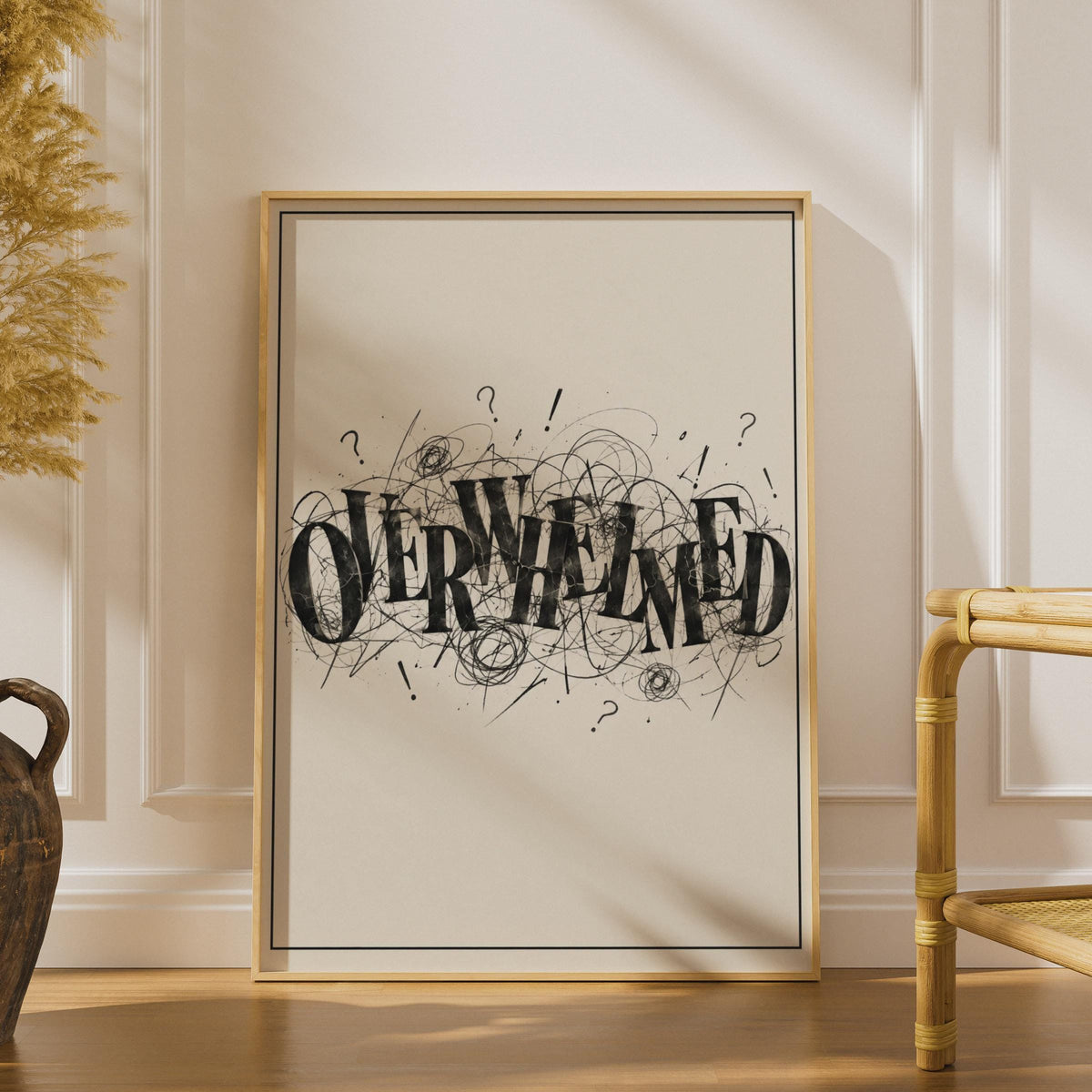 Overwhelmed Typography Poster, Black and White Expressive Wall Art, Chaotic Scribble Print (Physical Poster)