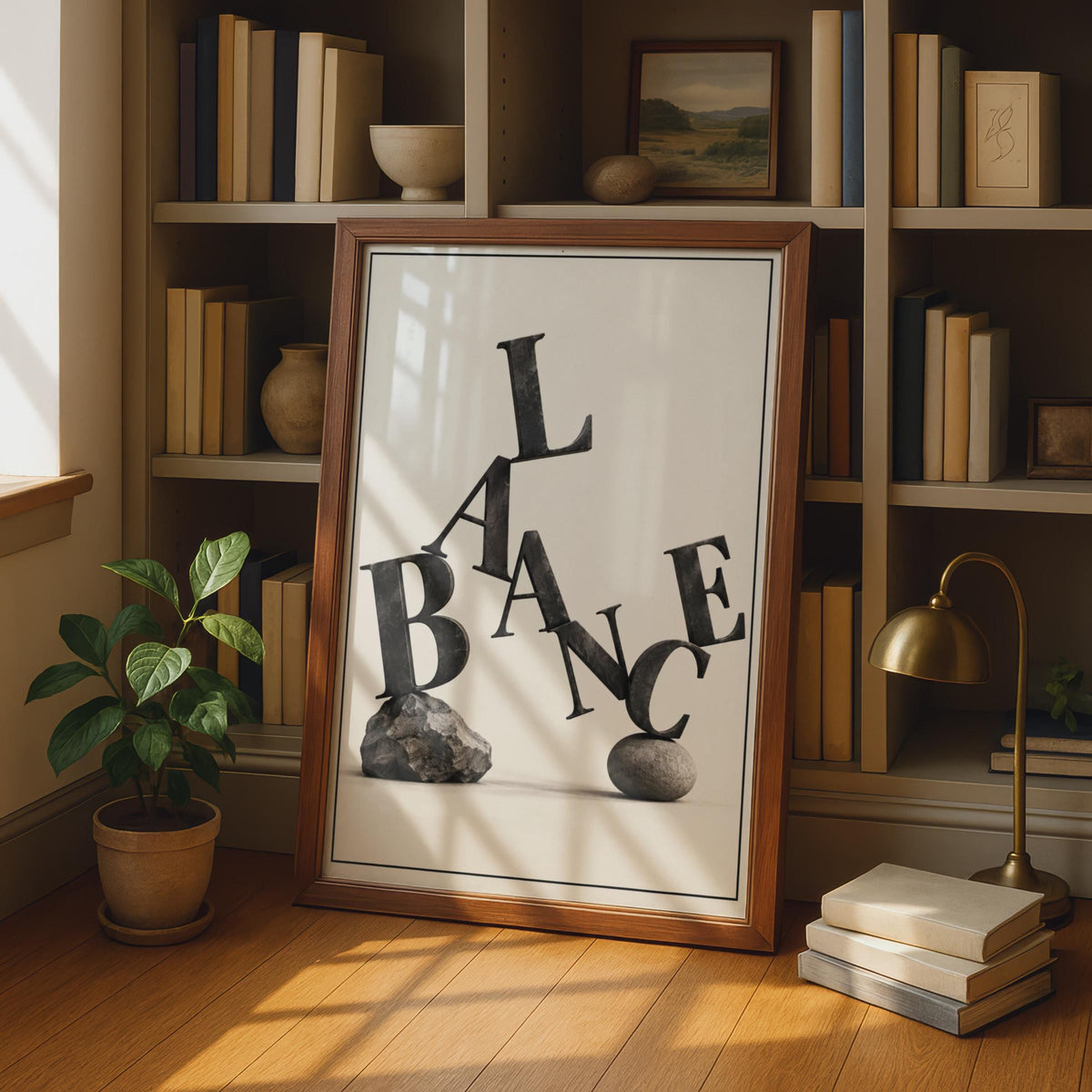 3D Typography Poster, Balance Word Art, Monochrome Stone Wall Decor