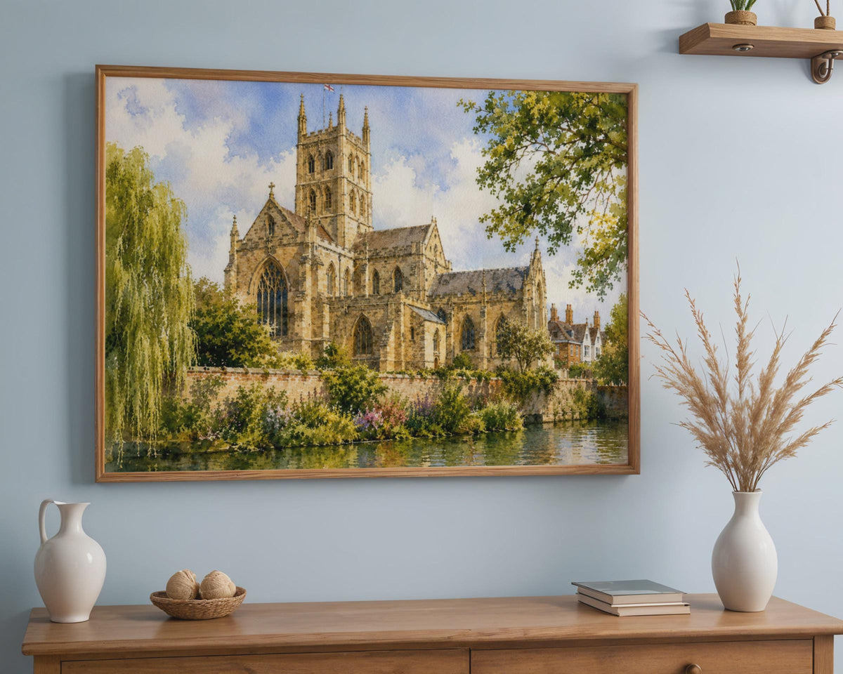 Pershore Abbey Watercolour Print, Medieval Church, Riverside Countryside (240gsm Matte)