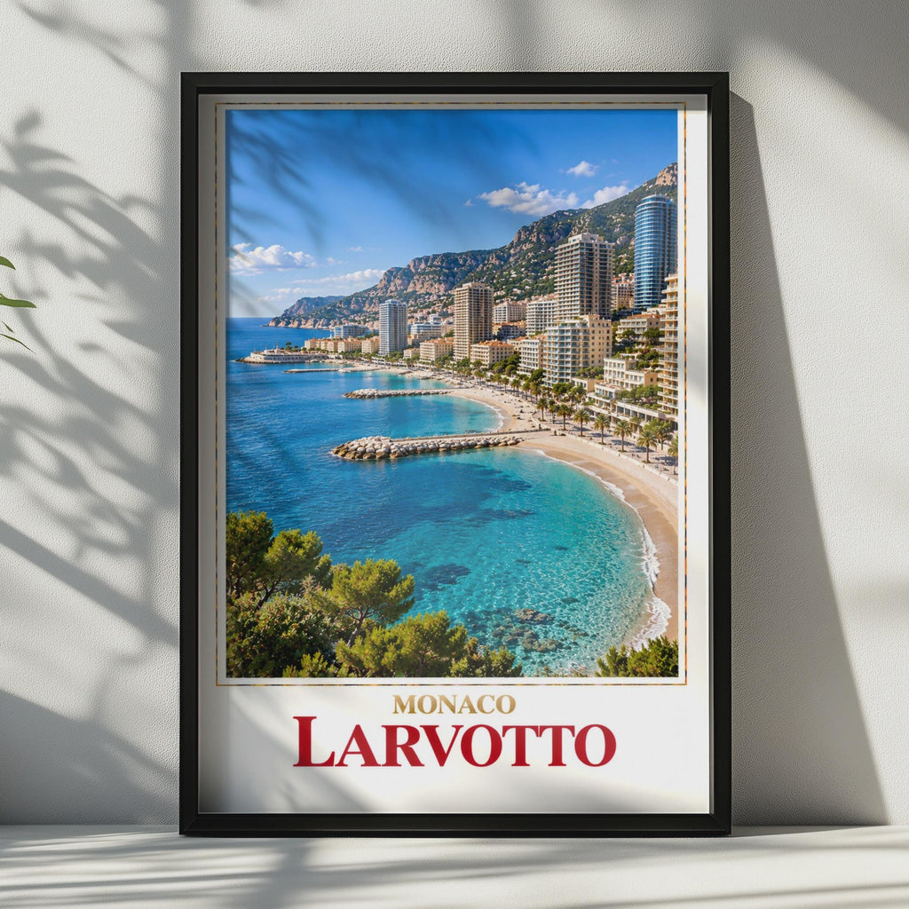 Larvotto Monaco Travel Poster, French Riviera Beach Art, Mediterranean Coastline (Print)