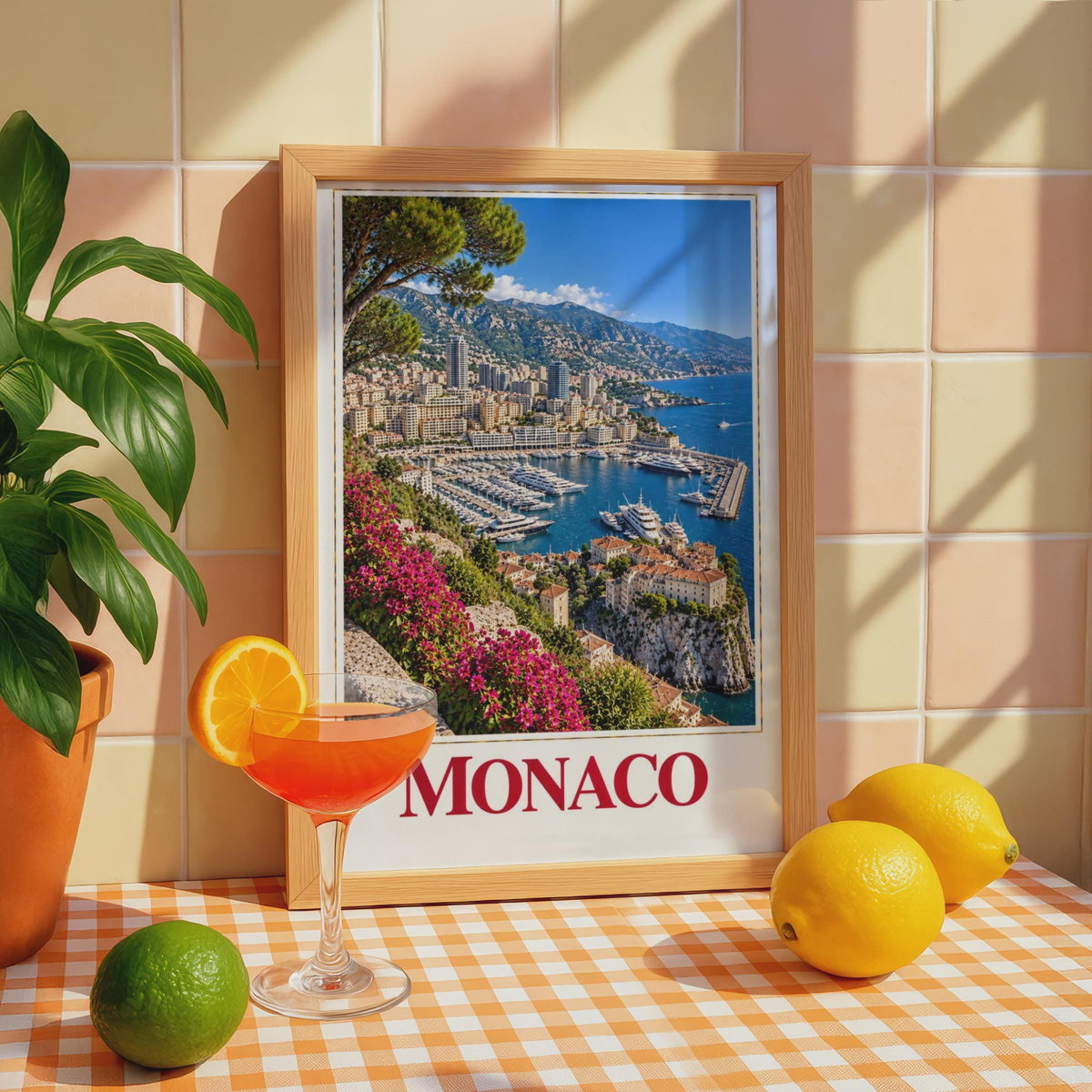 Monaco Travel Poster, French Riviera Harbour, Mediterranean Yacht Marina Print