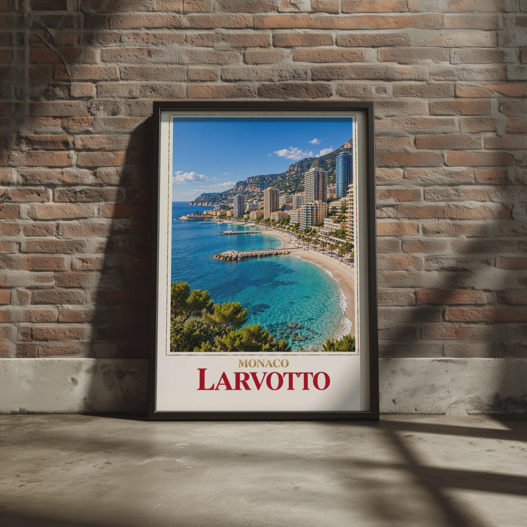 Larvotto Monaco Travel Poster, French Riviera Beach Art, Mediterranean Coastline (Print)
