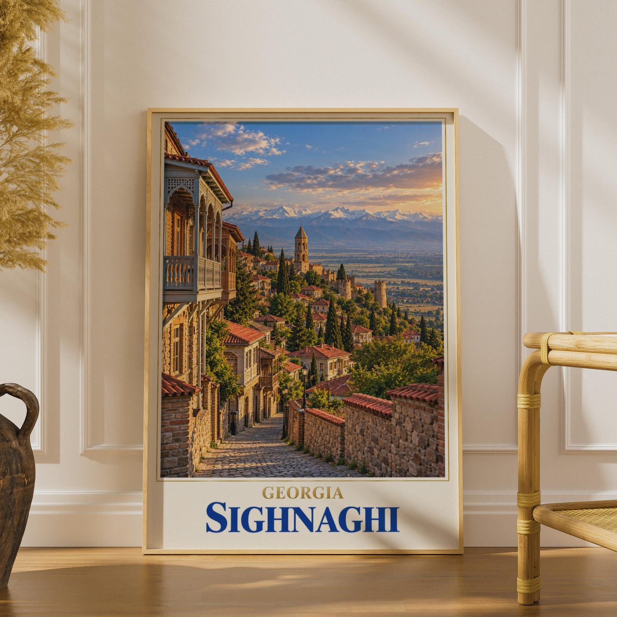Sighnaghi Georgia Travel Poster, Caucasus Mountain Town, Cobblestone Street Art Print