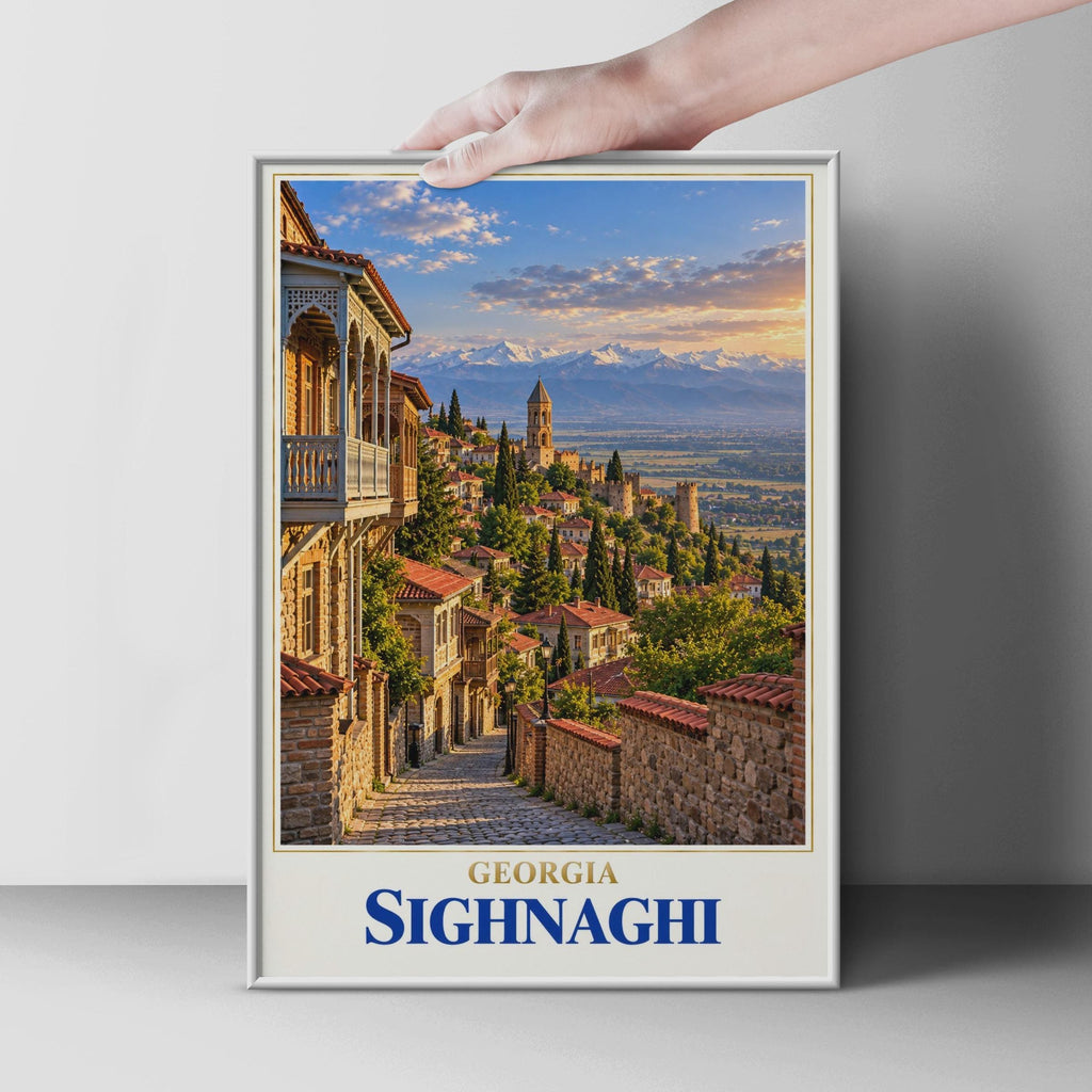 Sighnaghi Georgia Travel Poster, Caucasus Mountain Town, Cobblestone Street Art Print
