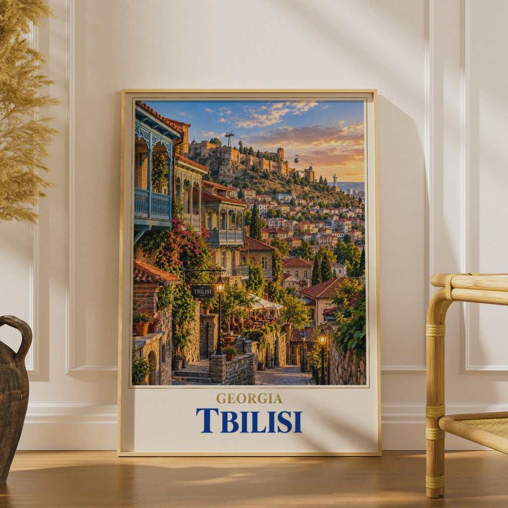 Tbilisi Georgia Travel Poster, Old Town Narikala Fortress, Caucasus City Skyline Print (Wall Art)