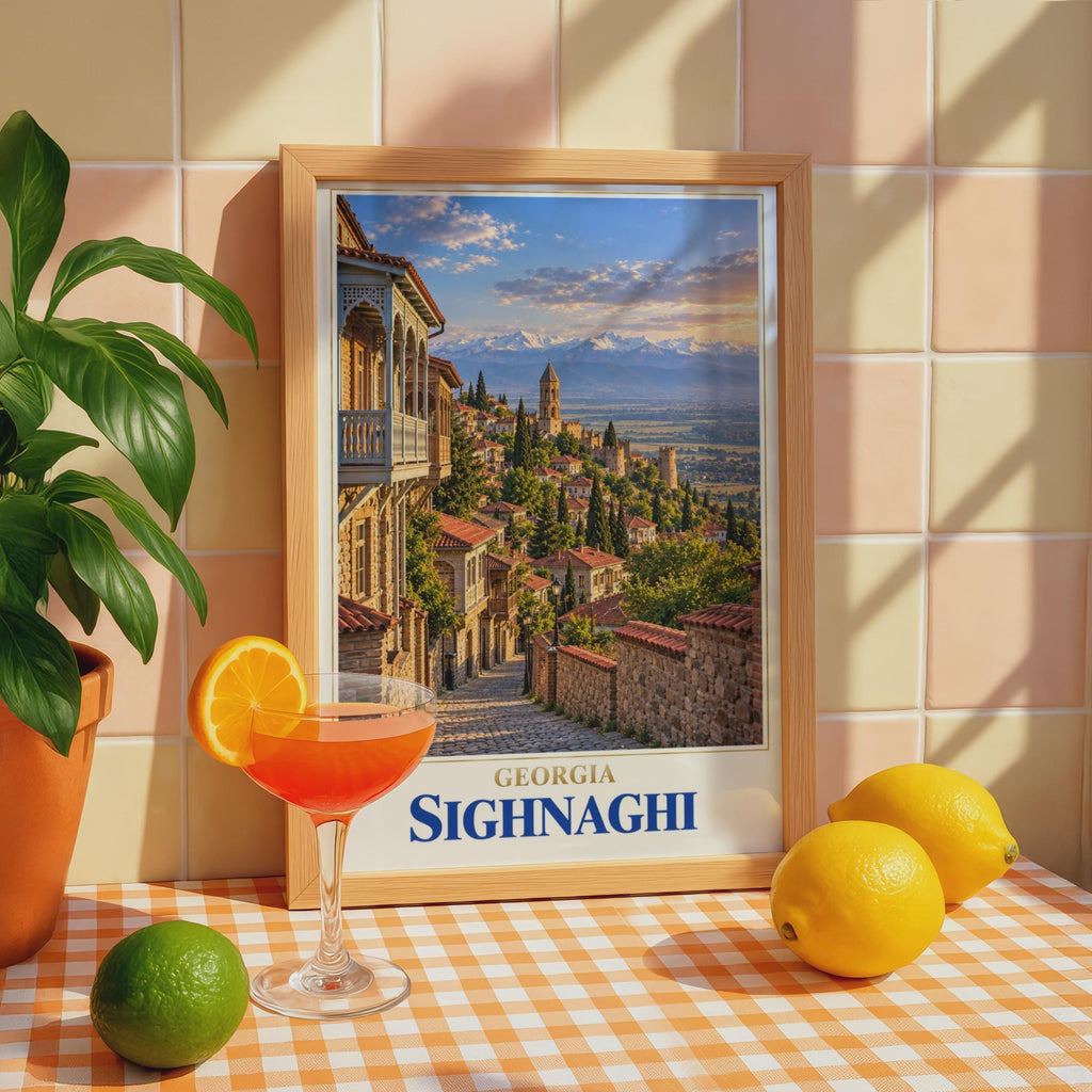 Sighnaghi Georgia Travel Poster, Caucasus Mountain Town, Cobblestone Street Art Print