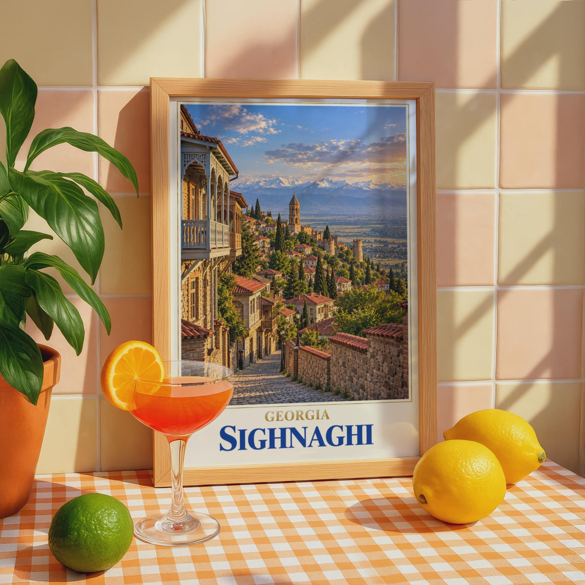Sighnaghi Georgia Travel Poster, Caucasus Mountain Town, Cobblestone Street Art Print