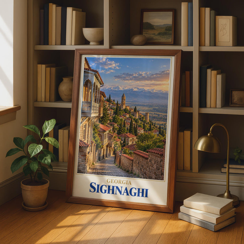 Sighnaghi Georgia Travel Poster, Caucasus Mountain Town, Cobblestone Street Art Print