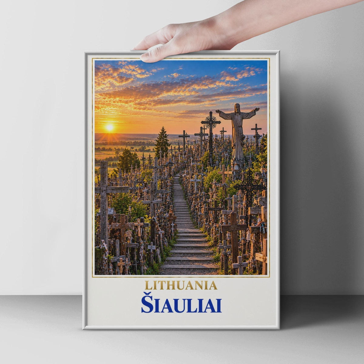 Hill of Crosses Lithuania Poster, Siauliai Travel Wall Art, Baltic Landmark Sunset Print