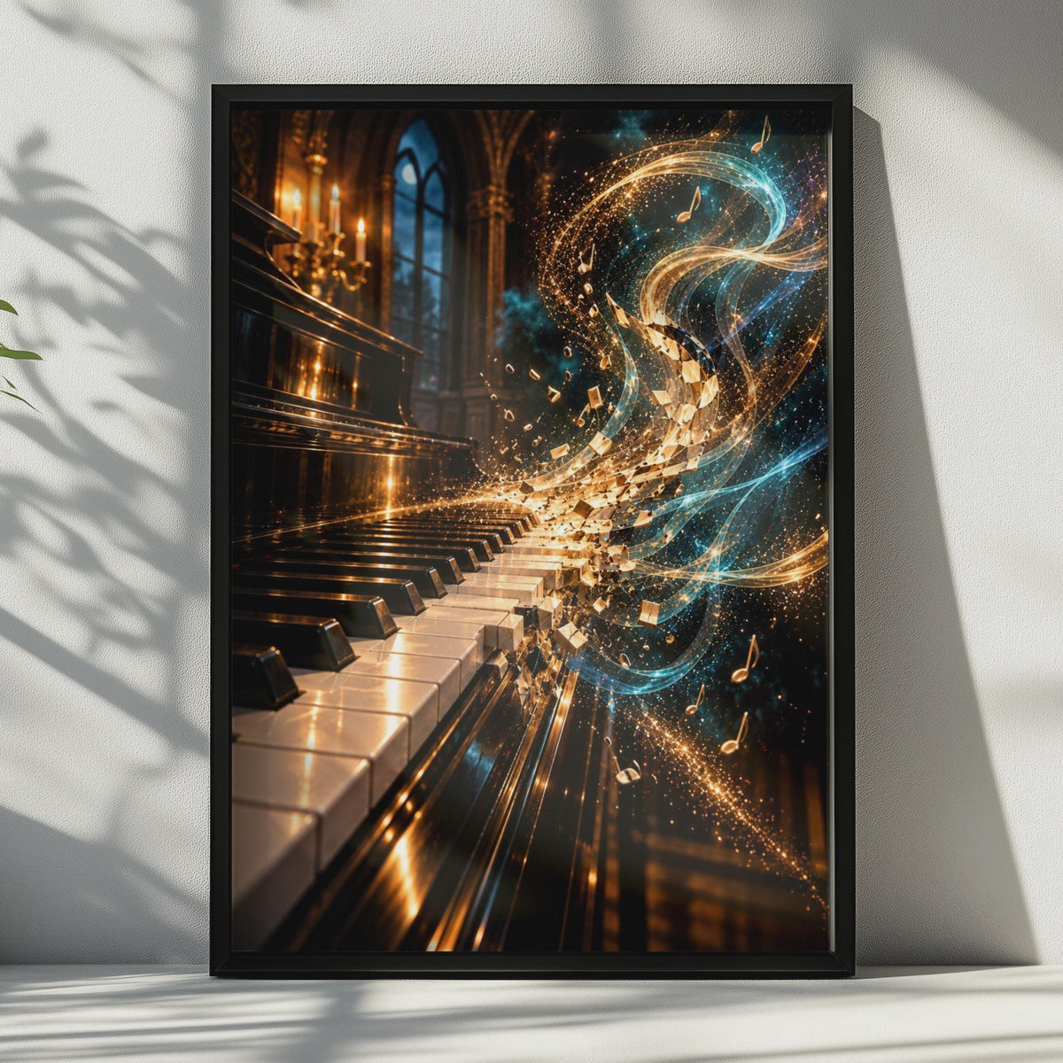 Magical Piano Music Poster, Gold Notes Fantasy Wall Art, Gothic Arch Decor