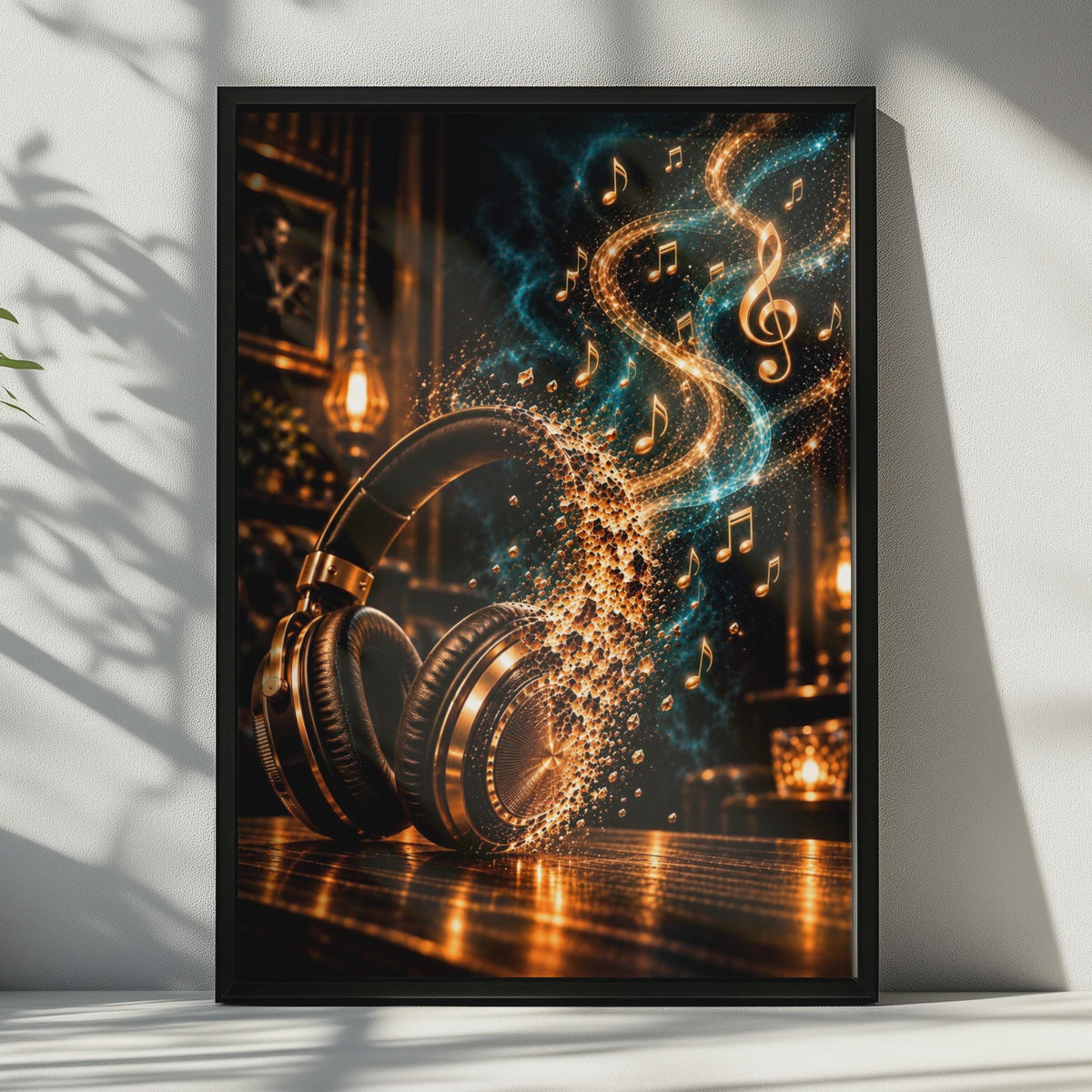 Gold Glowing Headphones Music Notes Poster, Moody Abstract Art (Digital Print)