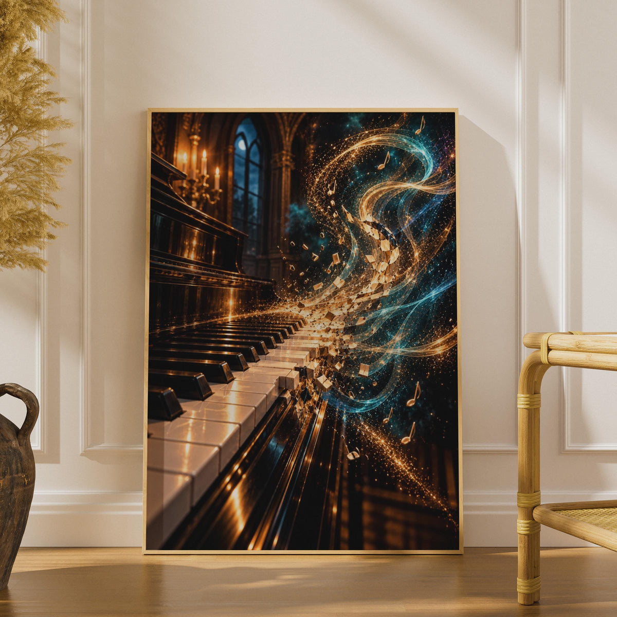 Magical Piano Music Poster, Gold Notes Fantasy Wall Art, Gothic Arch Decor