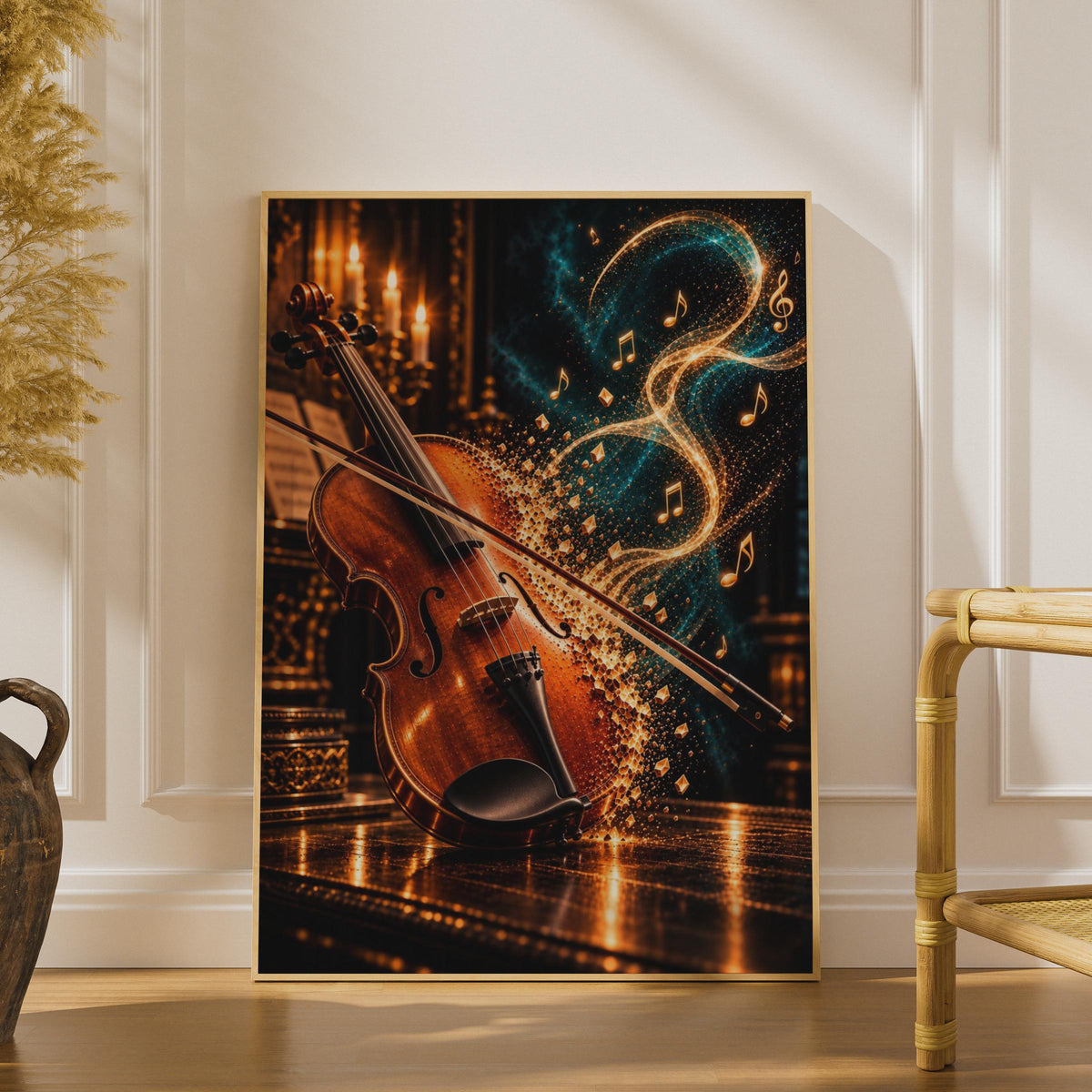 Violin Music Poster, Glowing Musical Notes, Dark Teal Gold Orchestra Print (Wall Art)