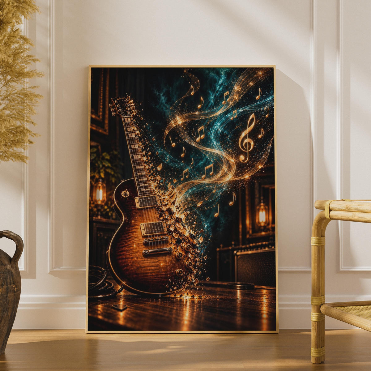 Electric Guitar Music Notes Poster, Gold Teal Glowing Rock Art, Musician Wall Decor