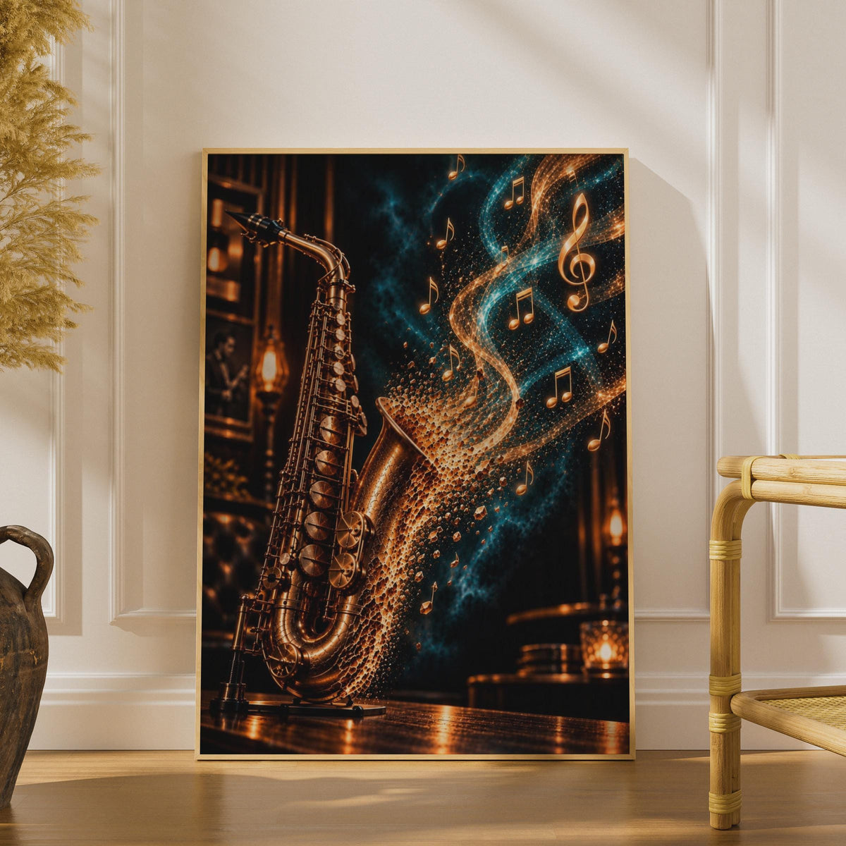 Saxophone Jazz Poster, Gold Music Notes, Moody Music Room Decor (Print)