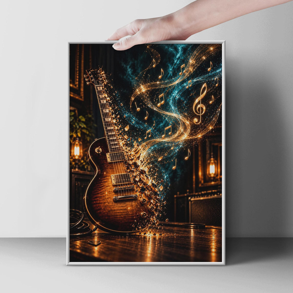 Electric Guitar Music Notes Poster, Gold Teal Glowing Rock Art, Musician Wall Decor