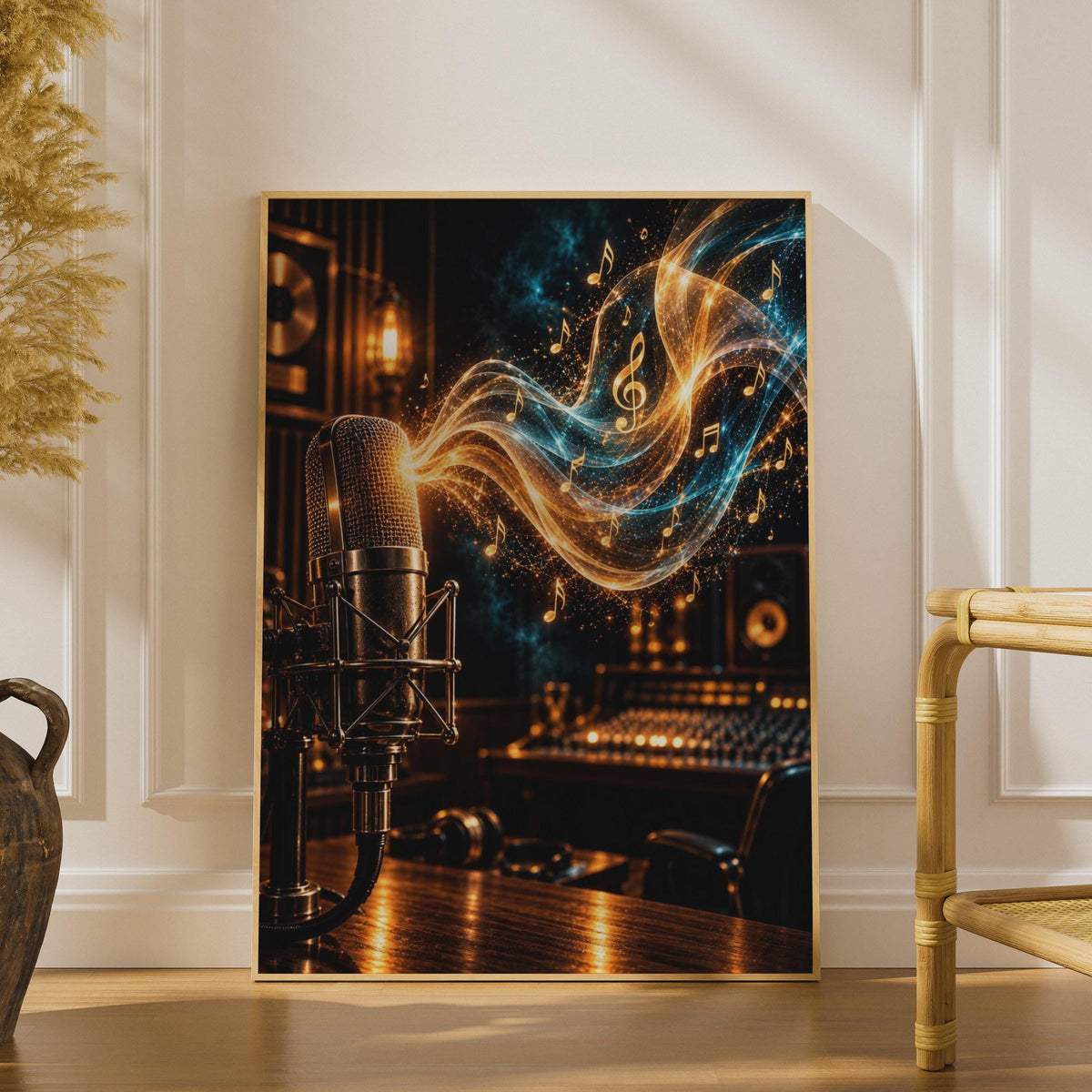 Recording Studio Microphone Poster, Gold Blue Sound Waves, Music Notes Wall Art