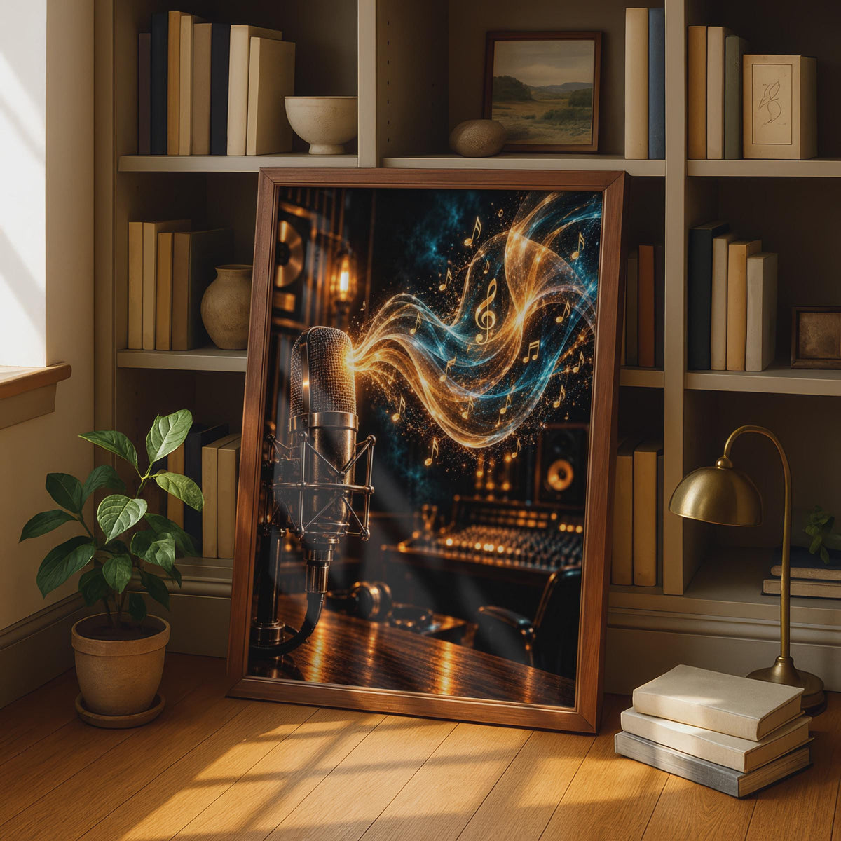 Recording Studio Microphone Poster, Gold Blue Sound Waves, Music Notes Wall Art