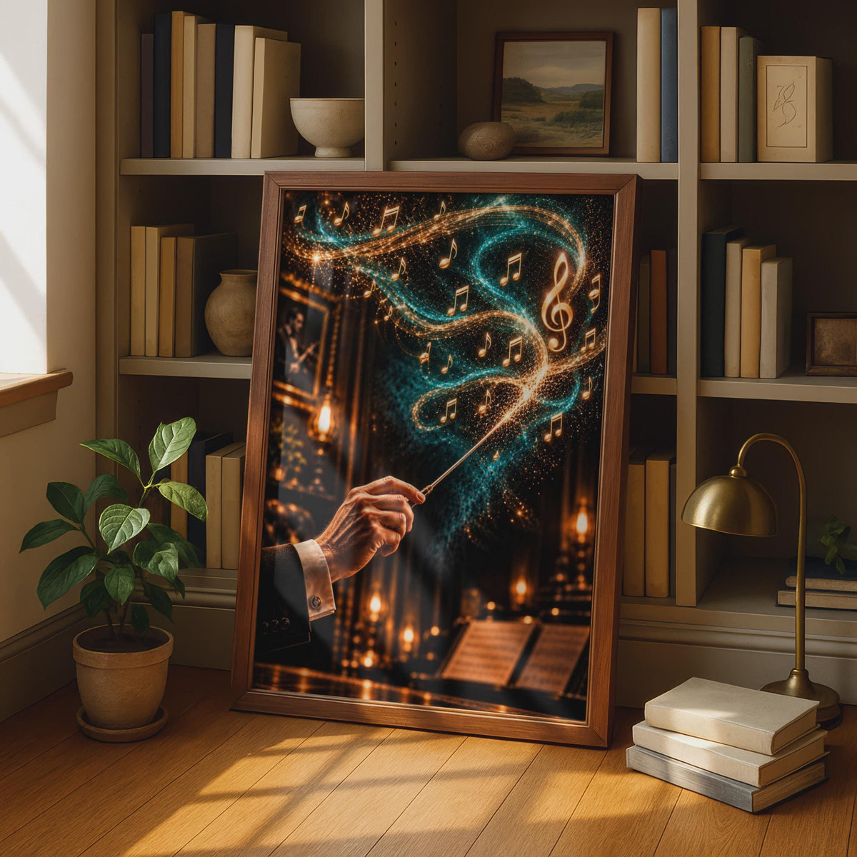 Magical Orchestra Conductor Poster, Teal Gold Music Notes, Classical Music Room Decor