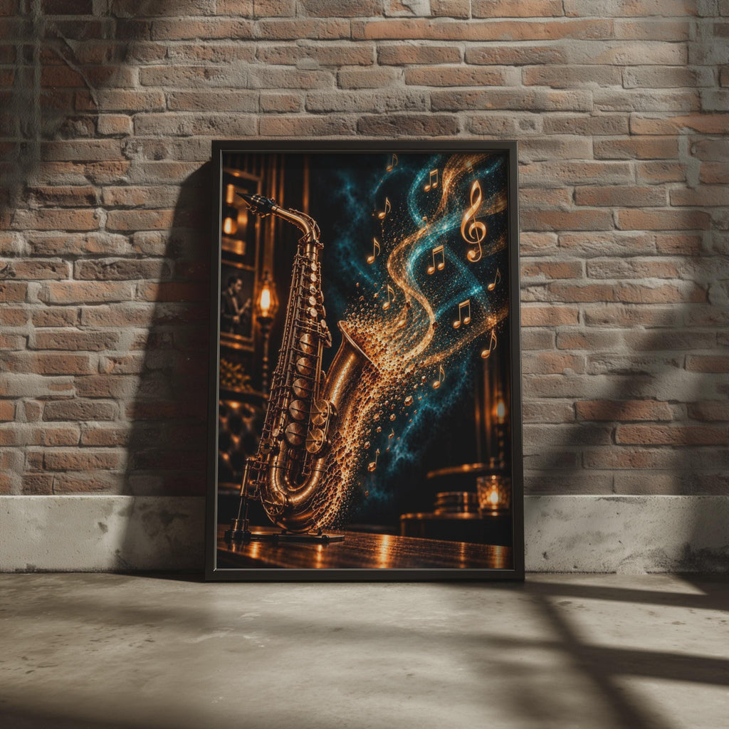 Saxophone Jazz Poster, Gold Music Notes, Moody Music Room Decor (Print)
