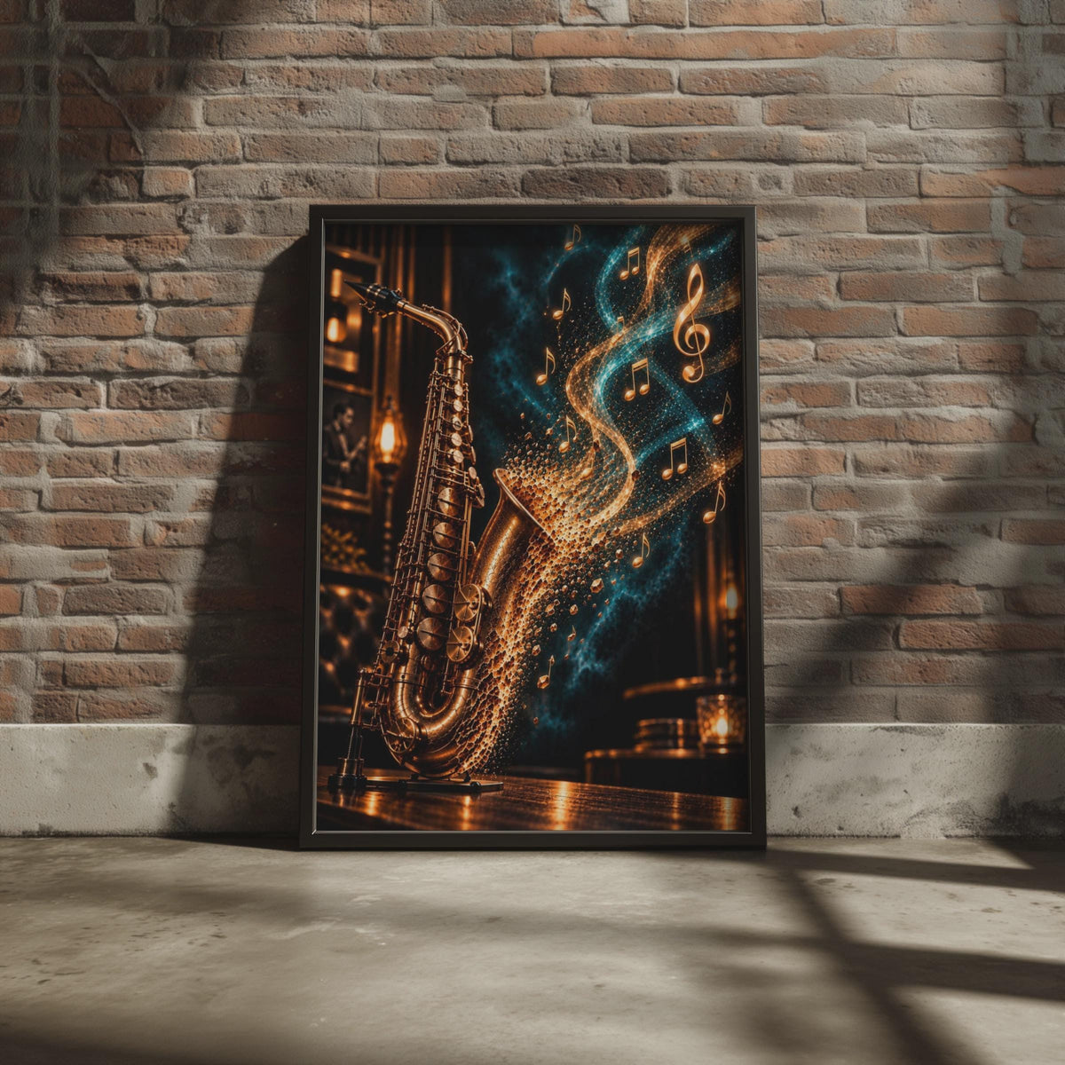 Saxophone Jazz Poster, Gold Music Notes, Moody Music Room Decor (Print)