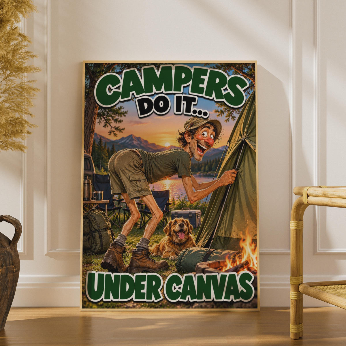 Cheeky Camping Poster, Witty Outdoor Humor, Campfire Dog Art (Physical Print)