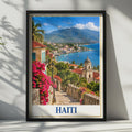 Haiti Travel Poster, Caribbean Coastal Town, Bougainvillea Cobblestone Street (Printed Poster)