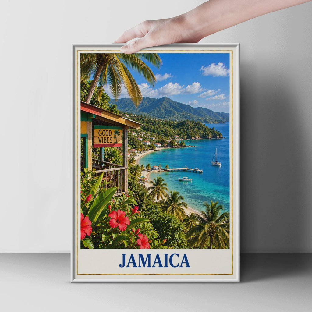 Jamaica Travel Poster, Good Vibes Caribbean Beach Wall Art, Tropical Island Print (Physical Print)