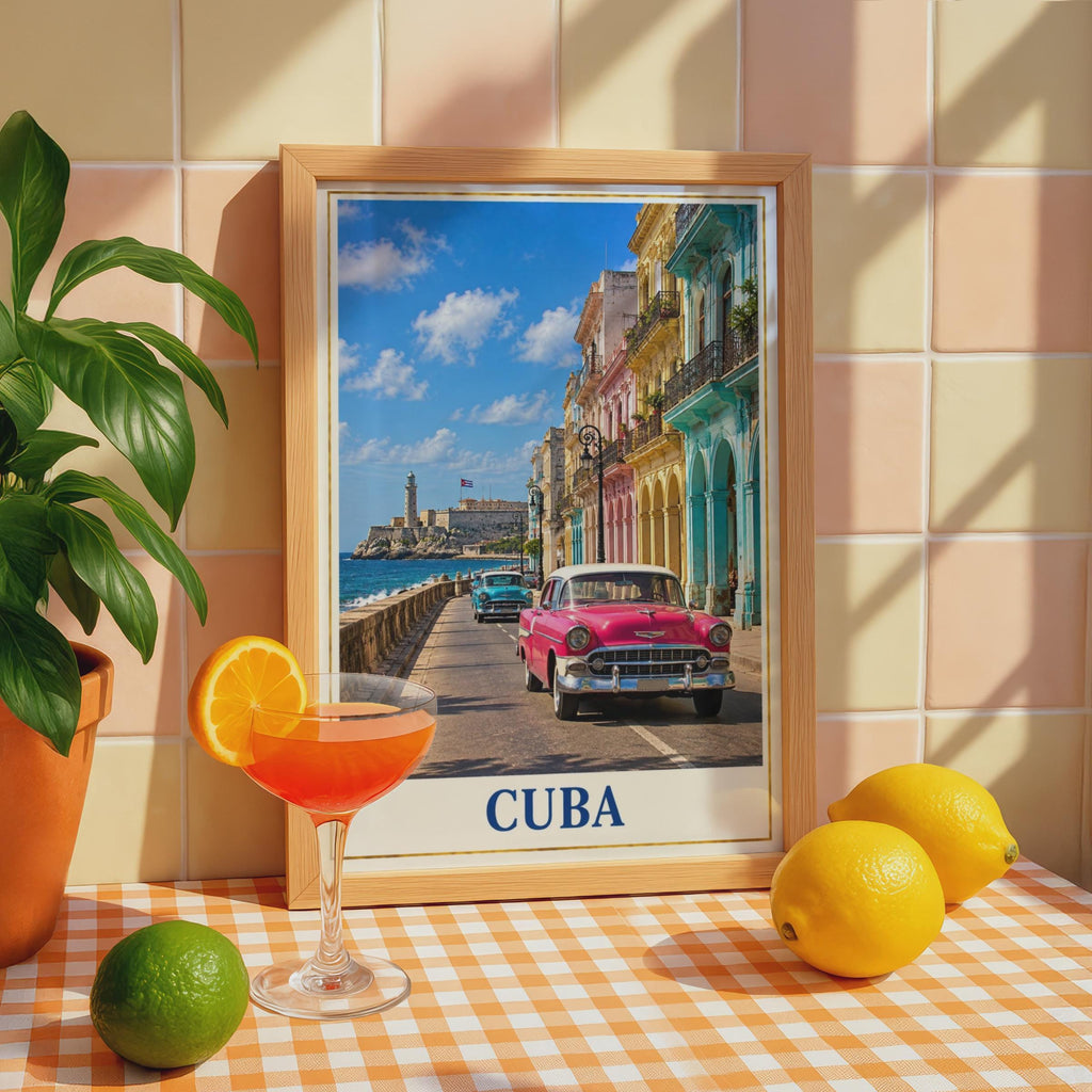 Cuba Travel Poster, Havana Malecon Street Art, Vintage Car Print (Physical)