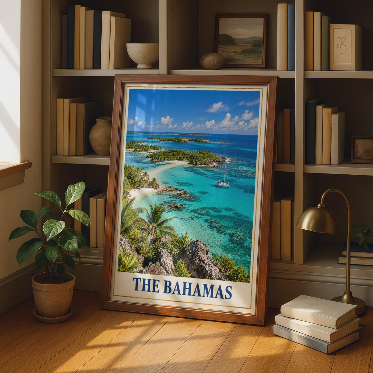 The Bahamas Travel Poster, Caribbean Island Wall Art, Tropical Beach Print, Turquoise Sea, Palm Tree Coastal Decor, Sailing H