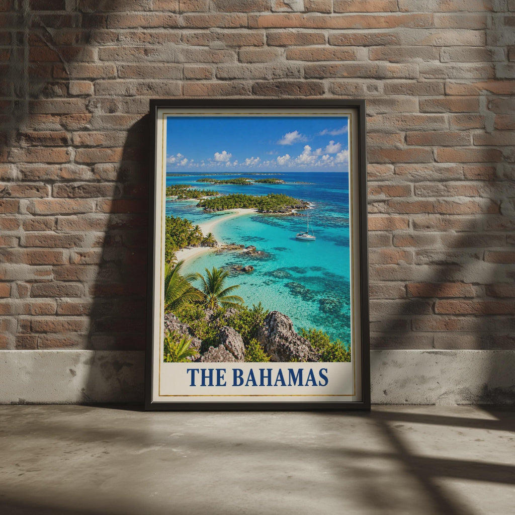 The Bahamas Travel Poster, Caribbean Island Wall Art, Tropical Beach Print, Turquoise Sea, Palm Tree Coastal Decor, Sailing H