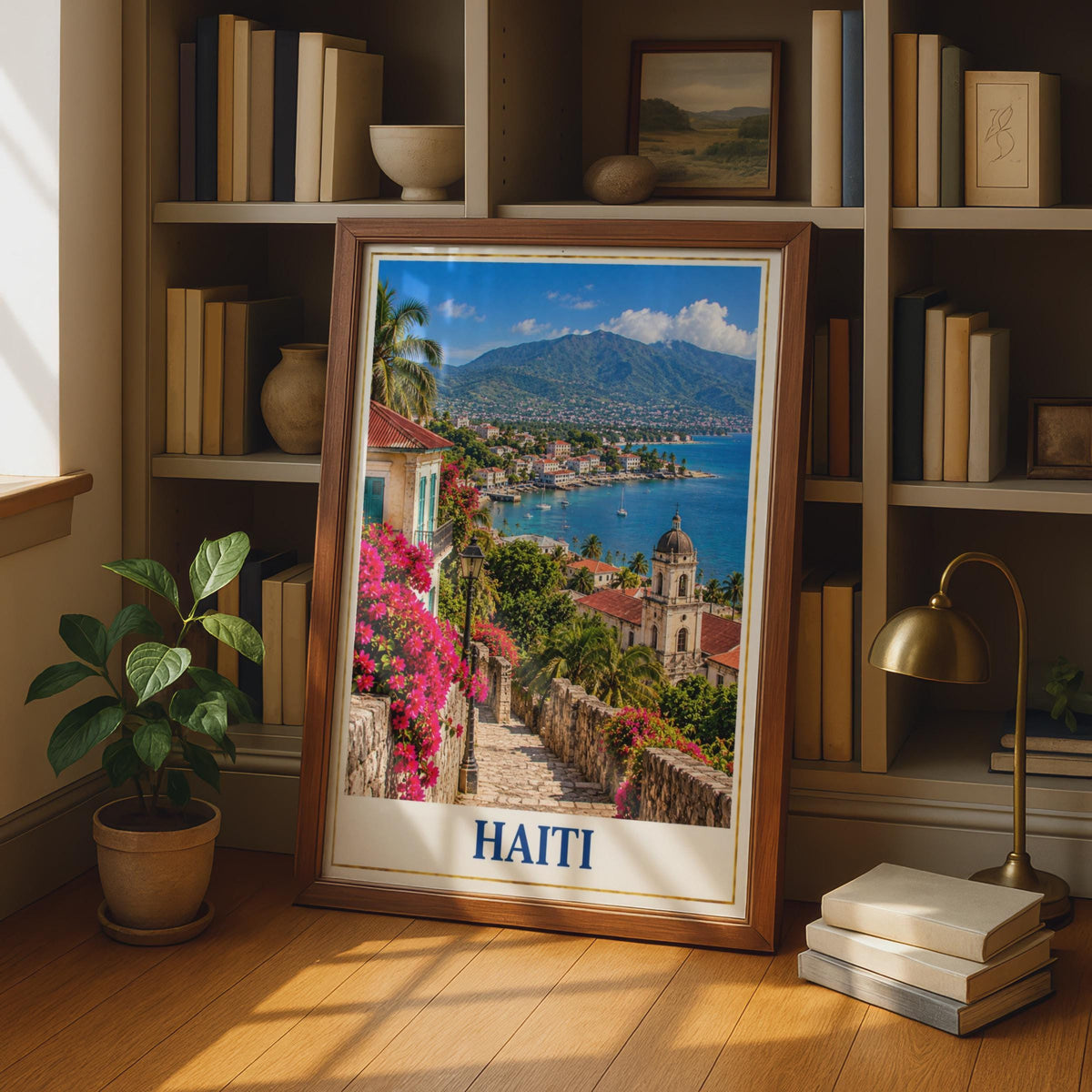 Haiti Travel Poster, Caribbean Coastal Town, Bougainvillea Cobblestone Street (Printed Poster)