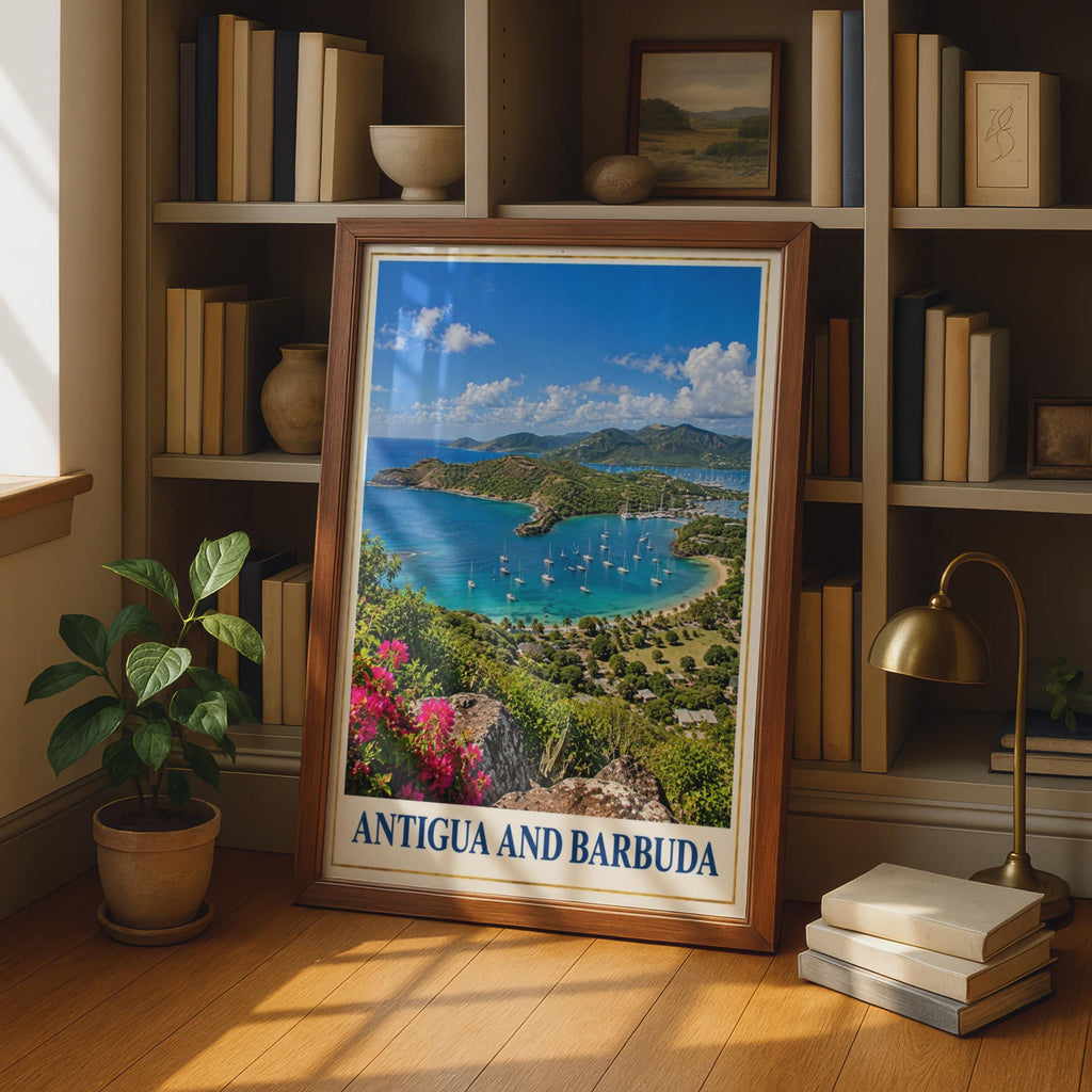 Antigua Barbuda Travel Poster, English Harbour Sailboats, Tropical Beach Art