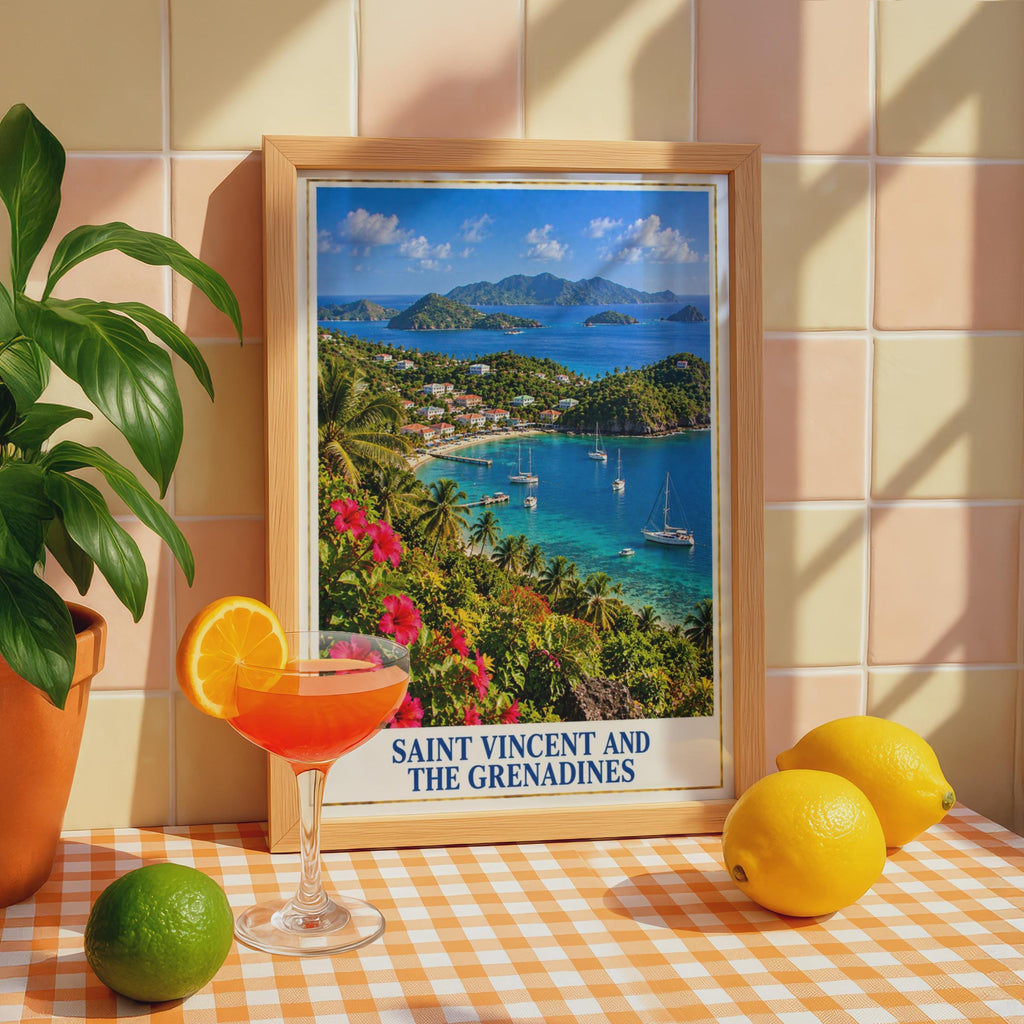 Saint Vincent Grenadines Travel Poster, Caribbean Bay, Sailing Yachts, Tropical Vibes