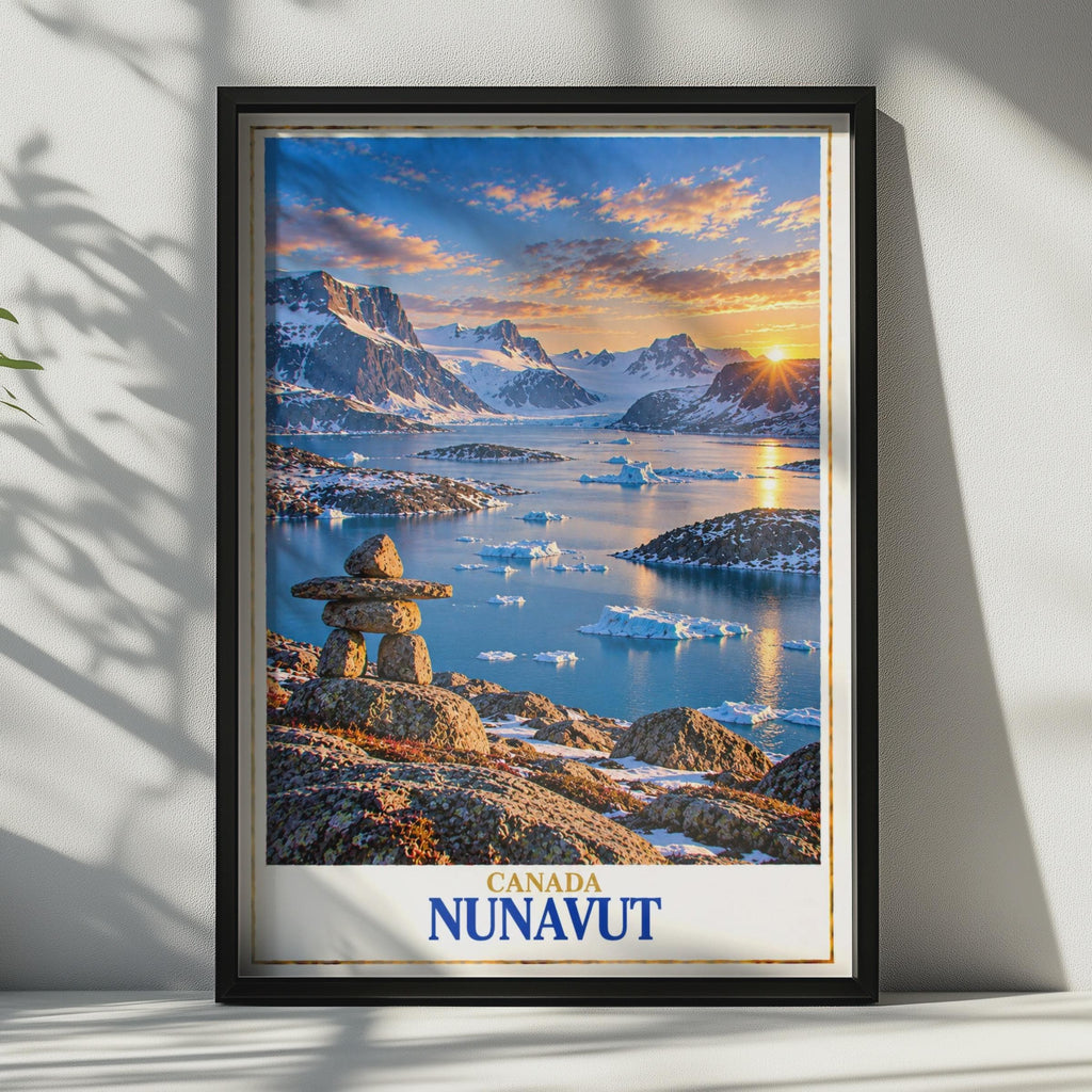 Nunavut Arctic Landscape Poster, Inukshuk Iceberg Sunset Print, Canadian Wilderness Wall Art
