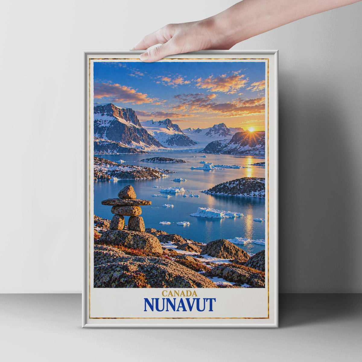Nunavut Arctic Landscape Poster, Inukshuk Iceberg Sunset Print, Canadian Wilderness Wall Art