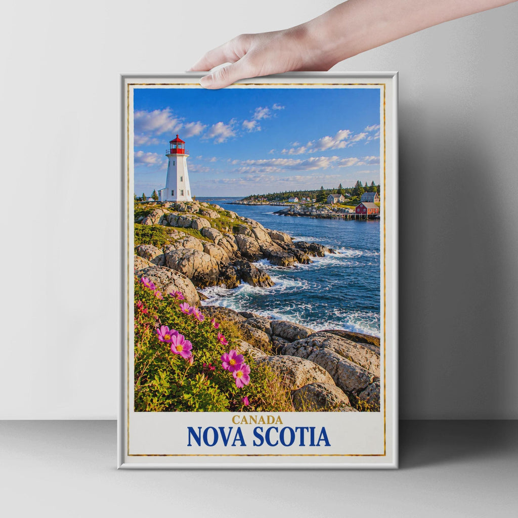 Nova Scotia Lighthouse Coastal Print, Rocky Coastline, Fishing Village (Physical Poster)