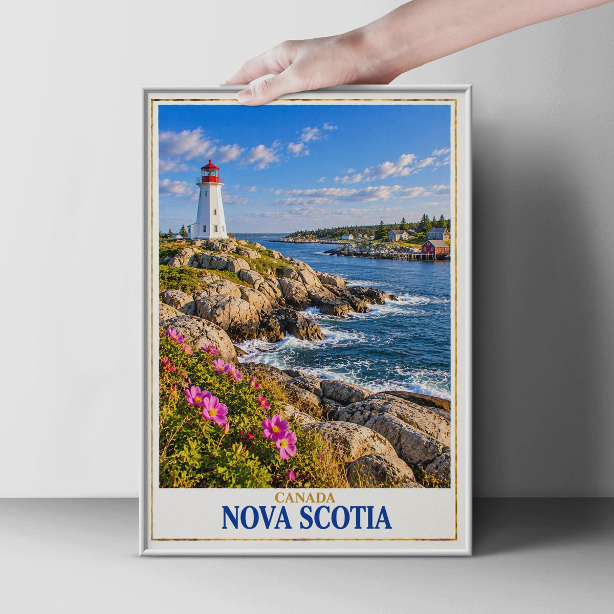 Nova Scotia Lighthouse Coastal Print, Rocky Coastline, Fishing Village (Physical Poster)