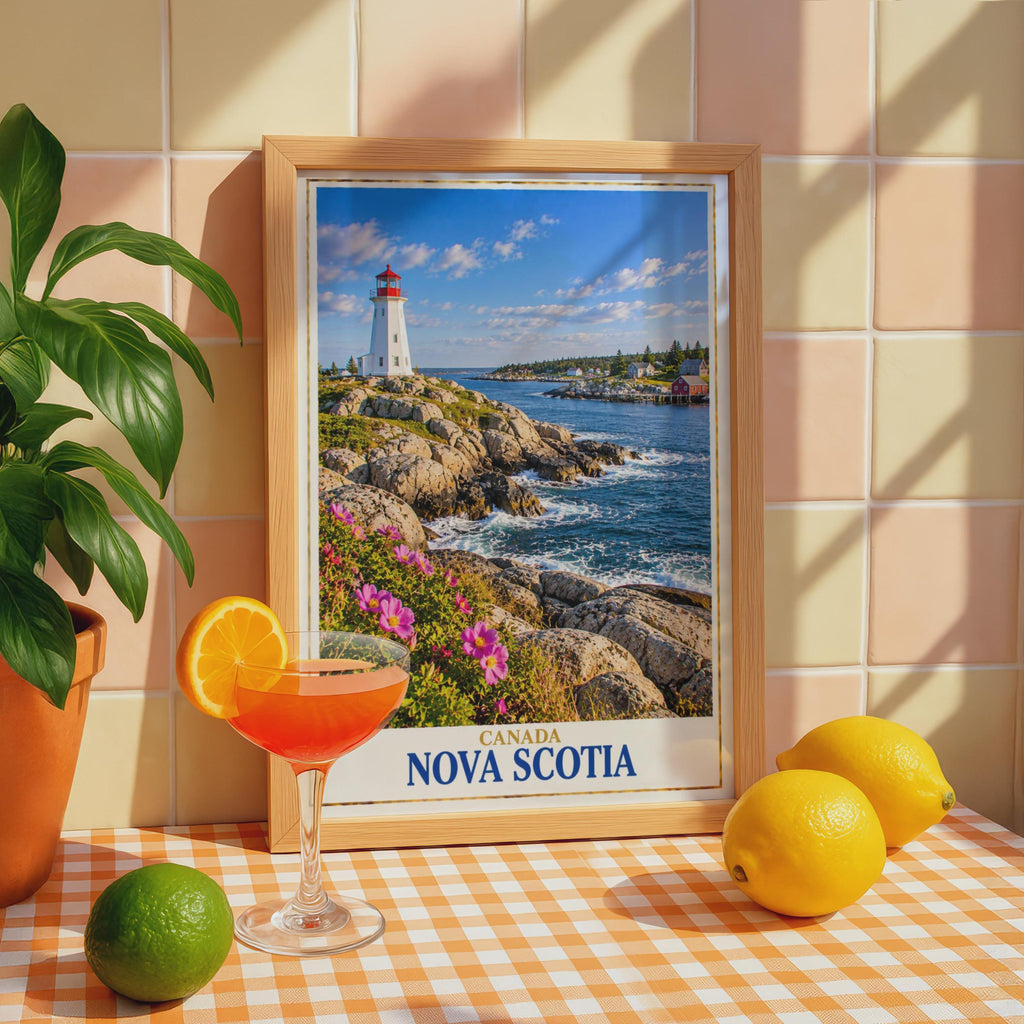 Nova Scotia Lighthouse Coastal Print, Rocky Coastline, Fishing Village (Physical Poster)