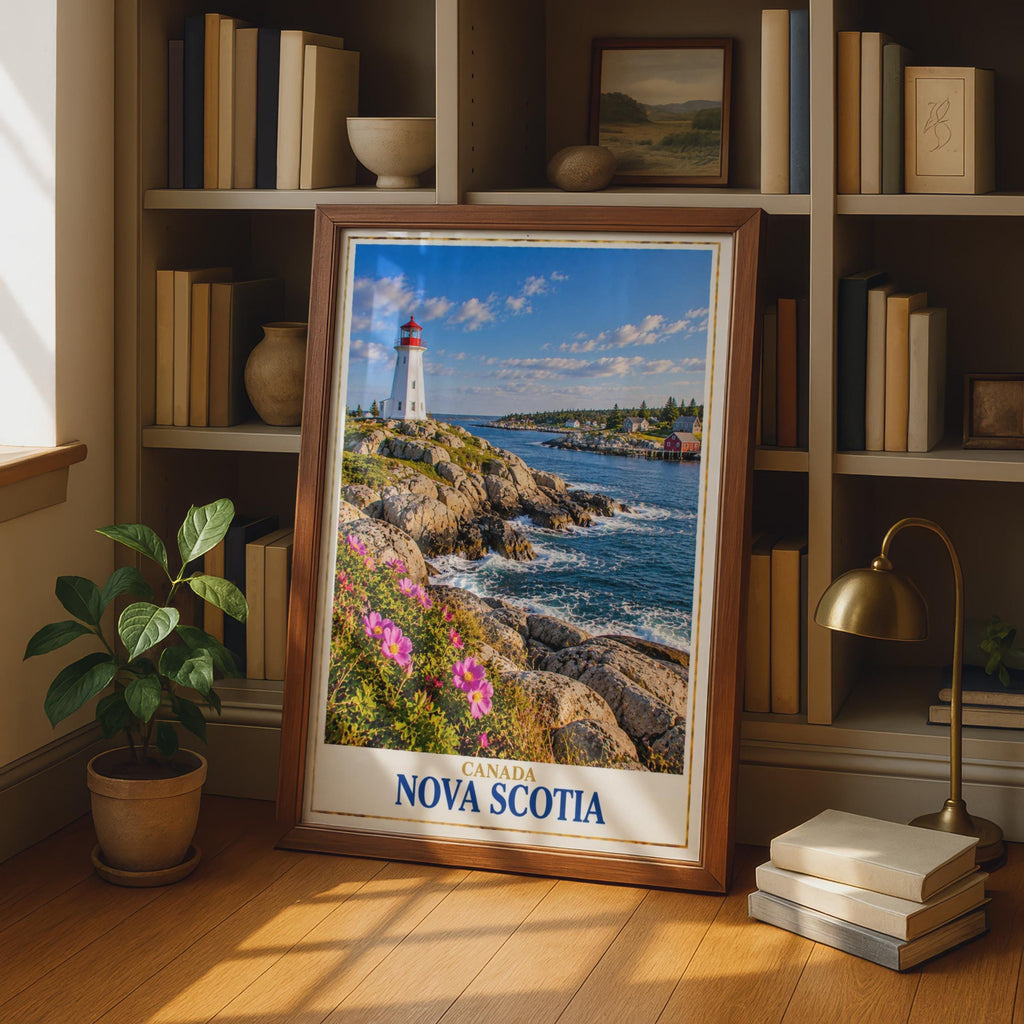 Nova Scotia Lighthouse Coastal Print, Rocky Coastline, Fishing Village (Physical Poster)