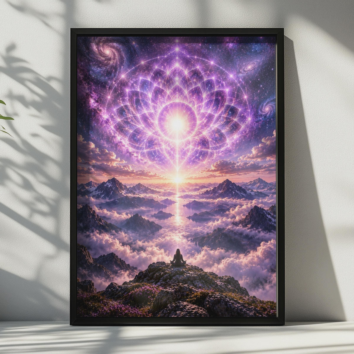 Cosmic Lotus Meditation Poster – Sacred Geometry Mountain Sunset Wall Art
