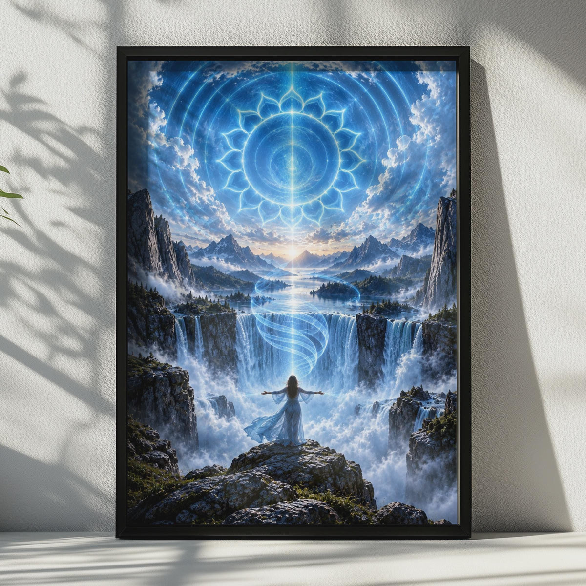 Vishuddha Chakra Waterfall Poster – Mystical Woman, Sacred Geometry, Meditation Art