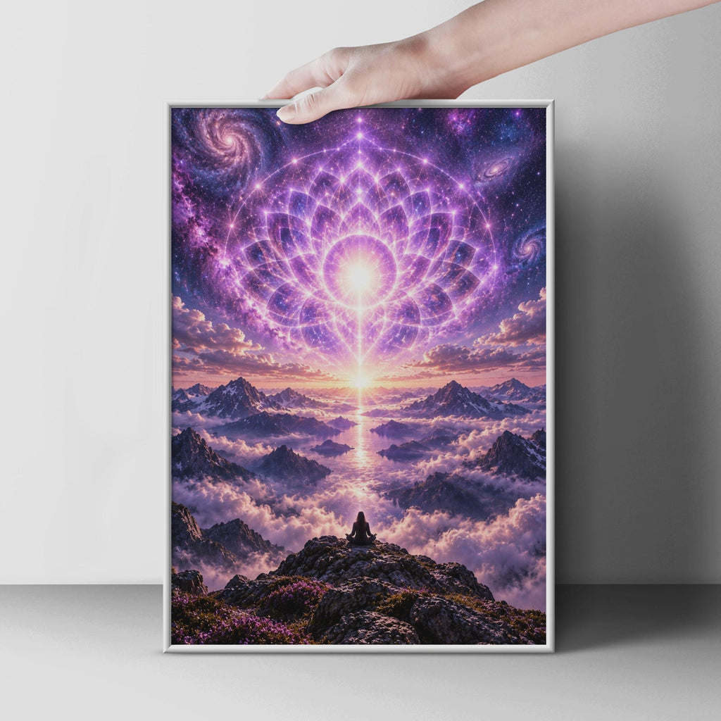 Cosmic Lotus Meditation Poster – Sacred Geometry Mountain Sunset Wall Art