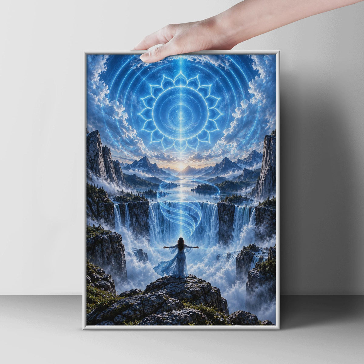 Vishuddha Chakra Waterfall Poster – Mystical Woman, Sacred Geometry, Meditation Art