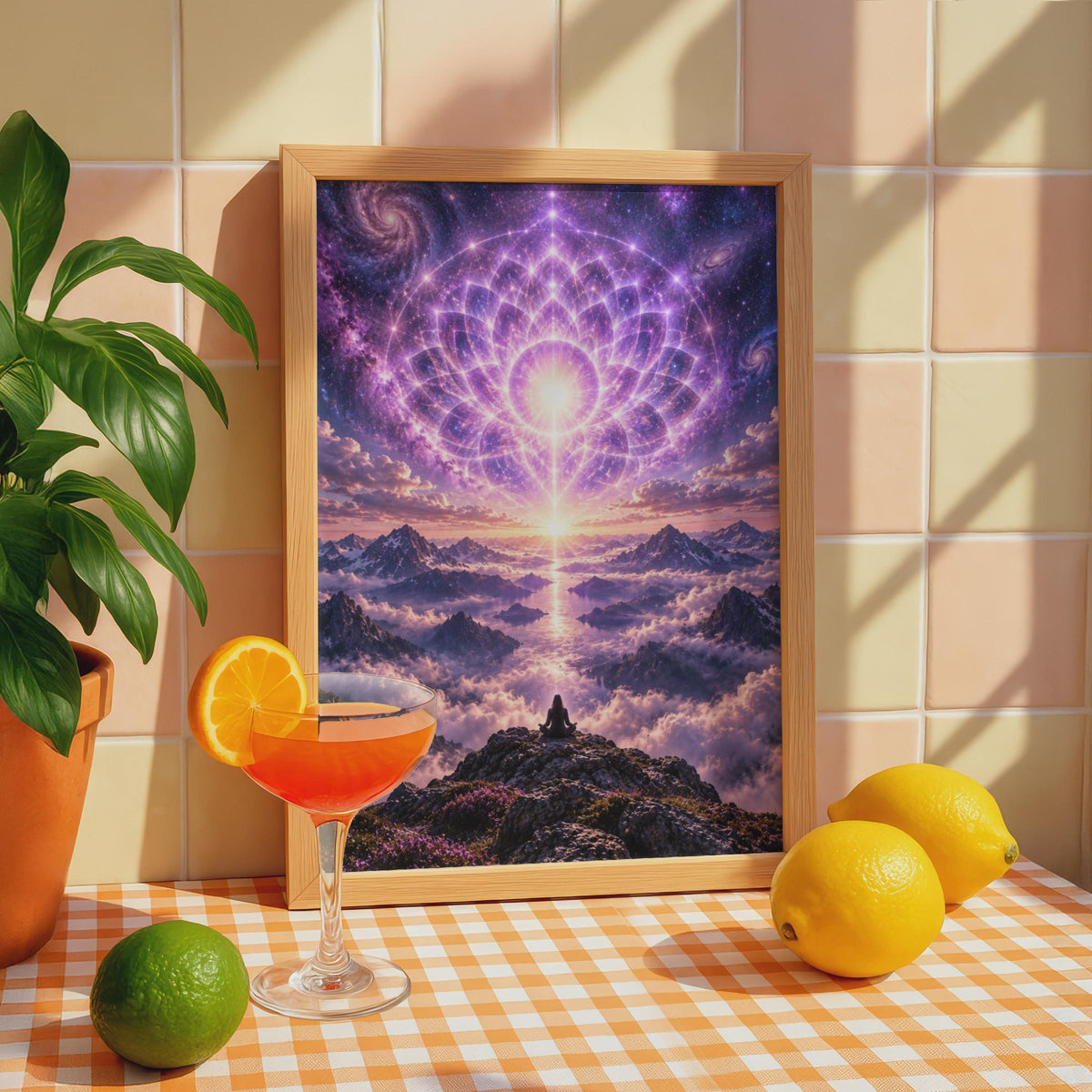 Cosmic Lotus Meditation Poster – Sacred Geometry Mountain Sunset Wall Art