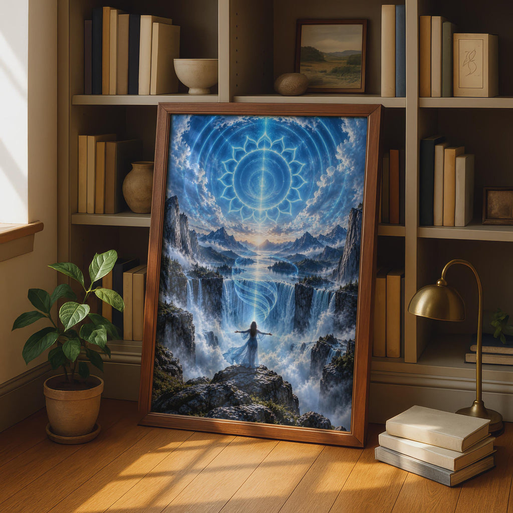 Vishuddha Chakra Waterfall Poster – Mystical Woman, Sacred Geometry, Meditation Art
